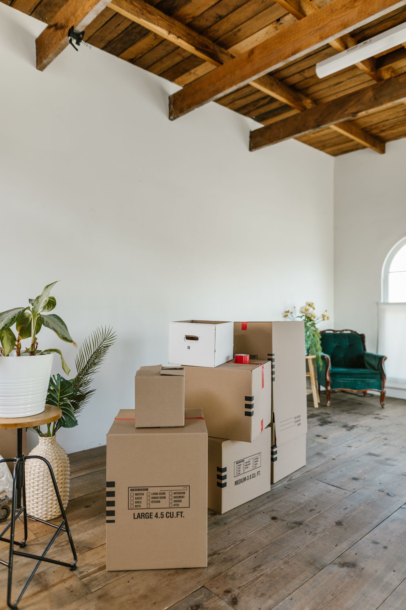 Neatly stacked moving boxes